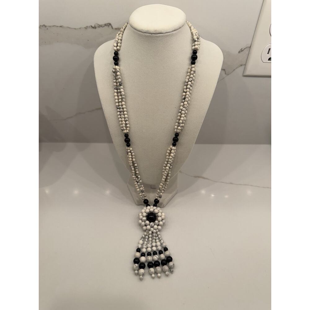 Long White Howlite & Black Beaded Tassel Necklace Statement Boho Southwest Style